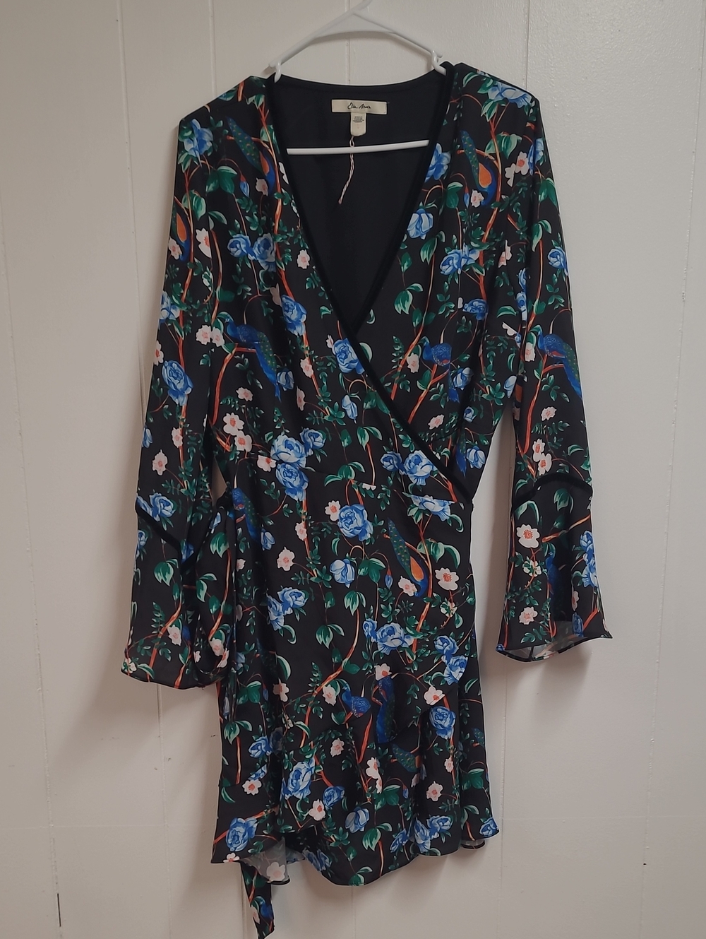 Ella Moon Floral Wrap Dress Black with Blue Roses and Peacocks Bell Sleeves SzL